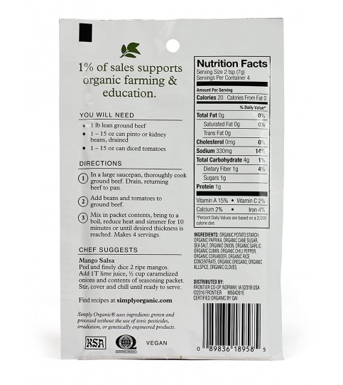 Simply Organic Mild Chili, Seasoning Mix, Certified Organic (12x1Oz) Simply Organic Mild Chili, Seasoning Mix, Certified Organic (12x1Oz)