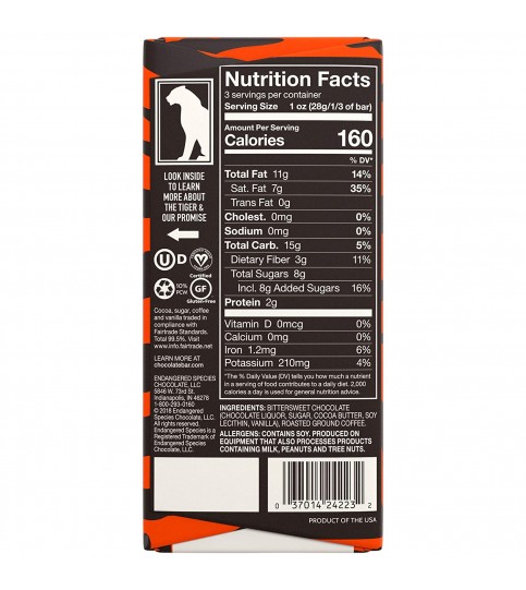 Endangered Species Dark Chocolate Bar Espresso Tiger (12x3 Oz) Endangered Species Dark Chocolate Bar Espresso Tiger (12x3 Oz)