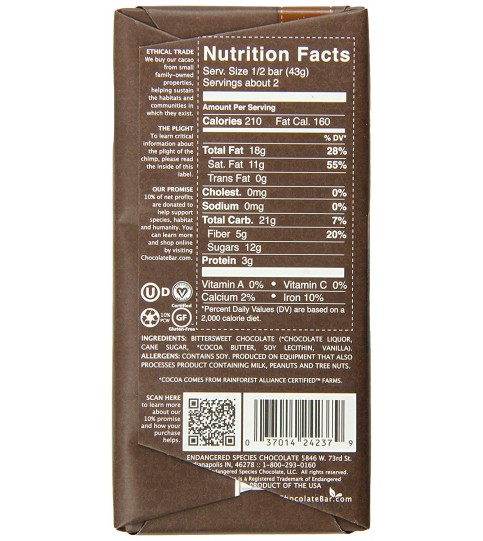 Endangered Species Smooth Dark Chocolate Bar Chimpanzee (12x3 Oz)